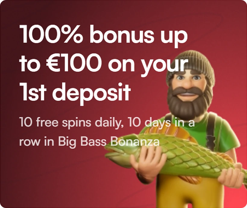 100% bonus up to €100 with 10 free spins on first deposit