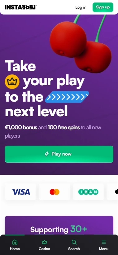 Instaspin bonus banner offering €1000 bonus and 100 free spins to new players