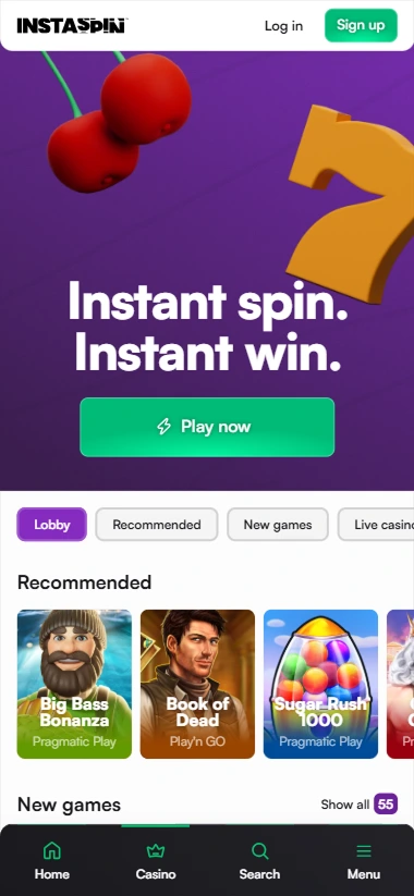 Instaspin mobile homepage with Instant spin instant win banner and Play now button