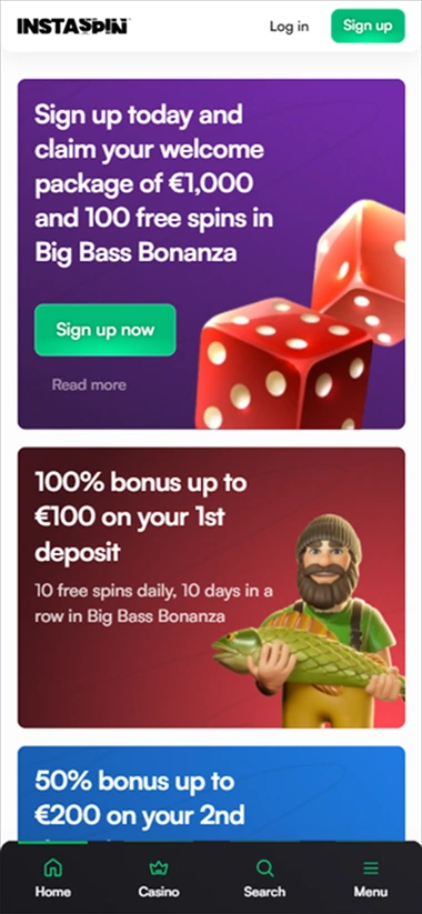 Instaspin promotions section showing €1000 bonus and 100 free spins plus first and second deposit offers
